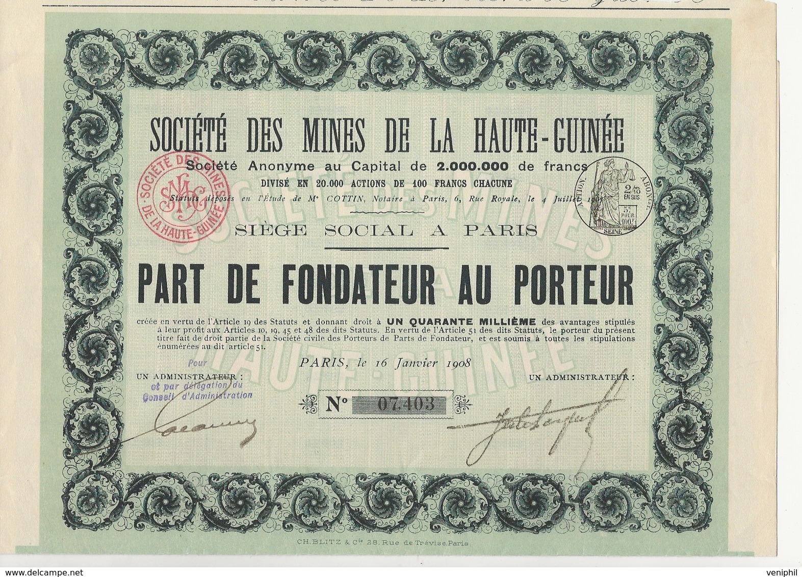 PART DE FONDATEUR DES MINES DE LA HAUTE -GUINEE * ANNEE 1908 - Bergbau