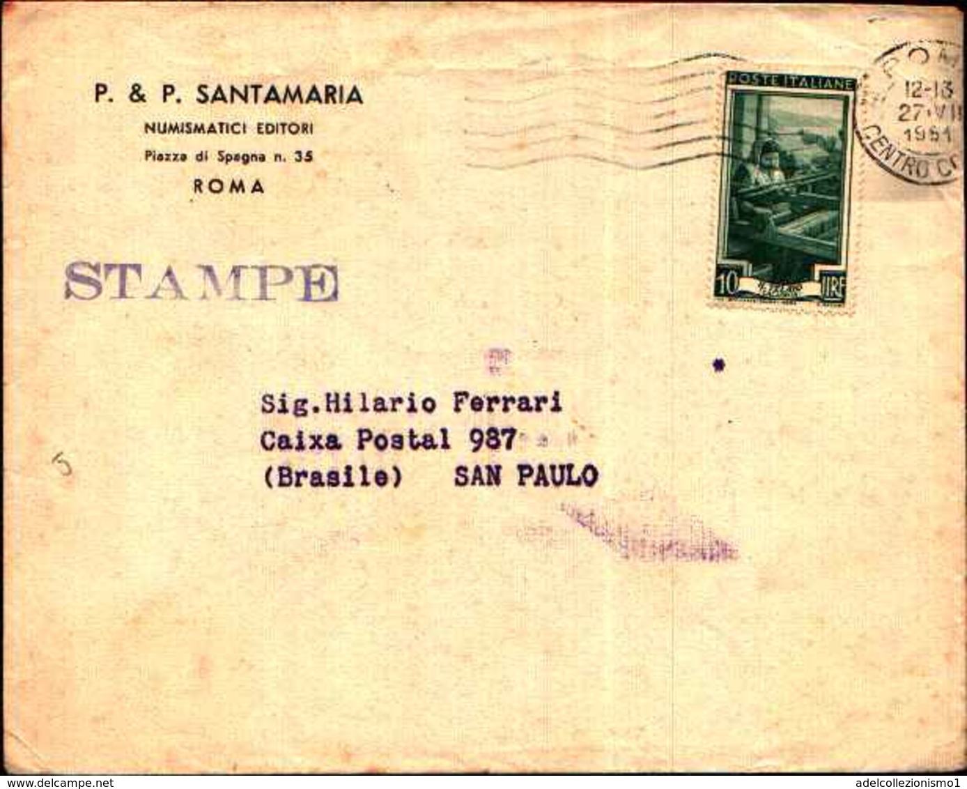 72452) LETTERA CON 10 L.ITALIA AL LAVORO DA ROMA ASAN PAULO  IL 27-7-1951 TARIFFA STAMPE - 1946-60: Storia Postale