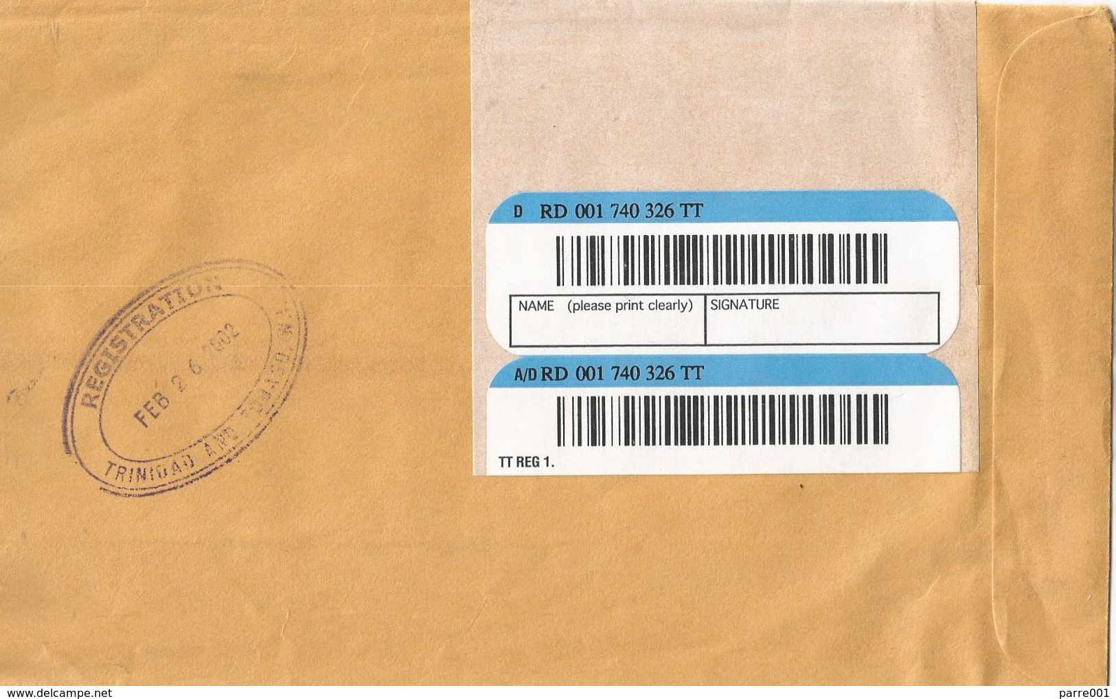 Trinidad & Tobago 2002 Port Of Spain Unfranked Postage Paid Official Registered Cover - Trinidad & Tobago (1962-...)