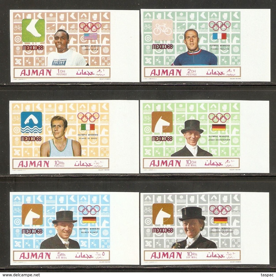 Ajman 1969 Mi# 448-453 B ** MNH - Imperf. - Summer Olympics, Mexico / Gold Medallists - Zomer 1968: Mexico-City