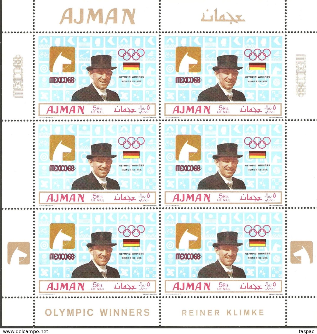 Ajman 1969 Mi# 448-453 A Kleinbogen (6) ** MNH - Summer Olympics, Mexico / Gold Medallists - Sommer 1968: Mexico