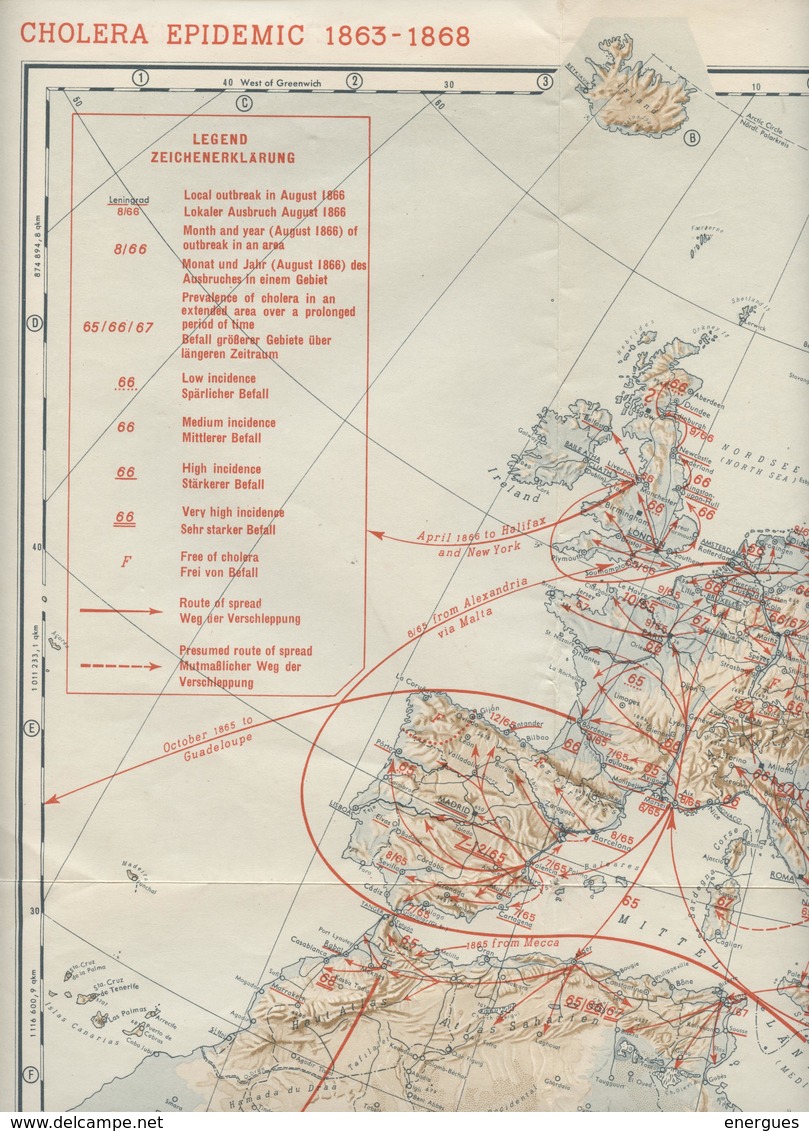 Carte épidémie Du Choléra, 1863-1868, Cholera Epidemic Map Of Spread Of Cholera, , Karte Der Verbreitung Der Cholera - Altri & Non Classificati