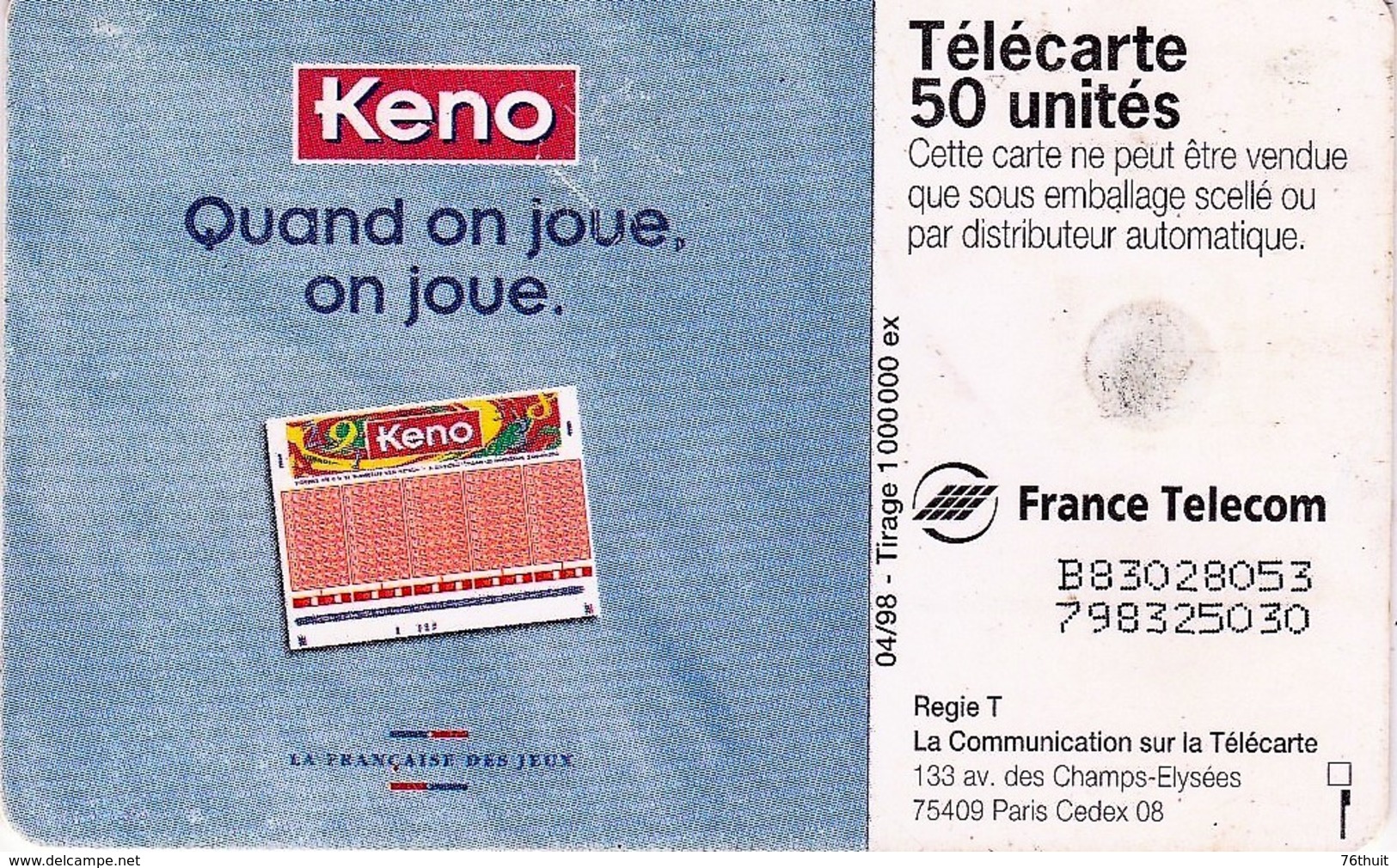 CARTE TELEPHONE FRANCE TELECOM  - 50  - KENO - Jeux