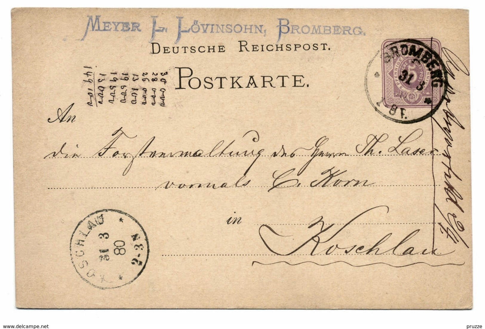 Ganzsache Deutsche Reichspost, Bromberg 1880 - Nach Koschlau / Ostpreussen - Cartes Postales