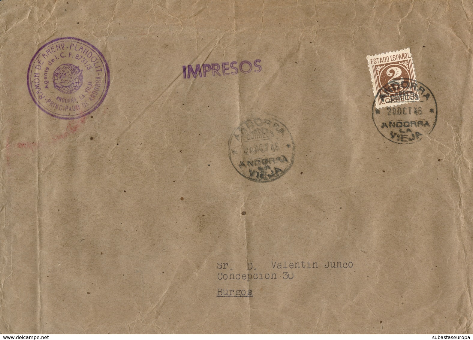 Andorra Española. Ø 915 (España) En Carta Circulada De Andorra La Vella A Burgos, El Año 1946. Gran Formato. - Cartas & Documentos