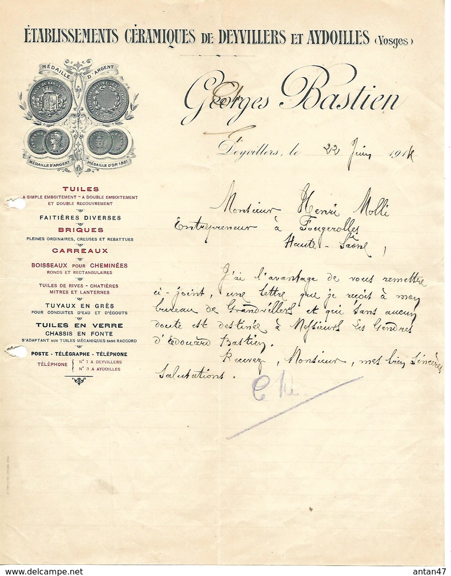 Facture Lettre 1914 / 88 DEYVILLERS / G. BASTIEN / Céramiques De DEYVILLERS Et AYDOILLES / Tuiles, Briques - 1900 – 1949