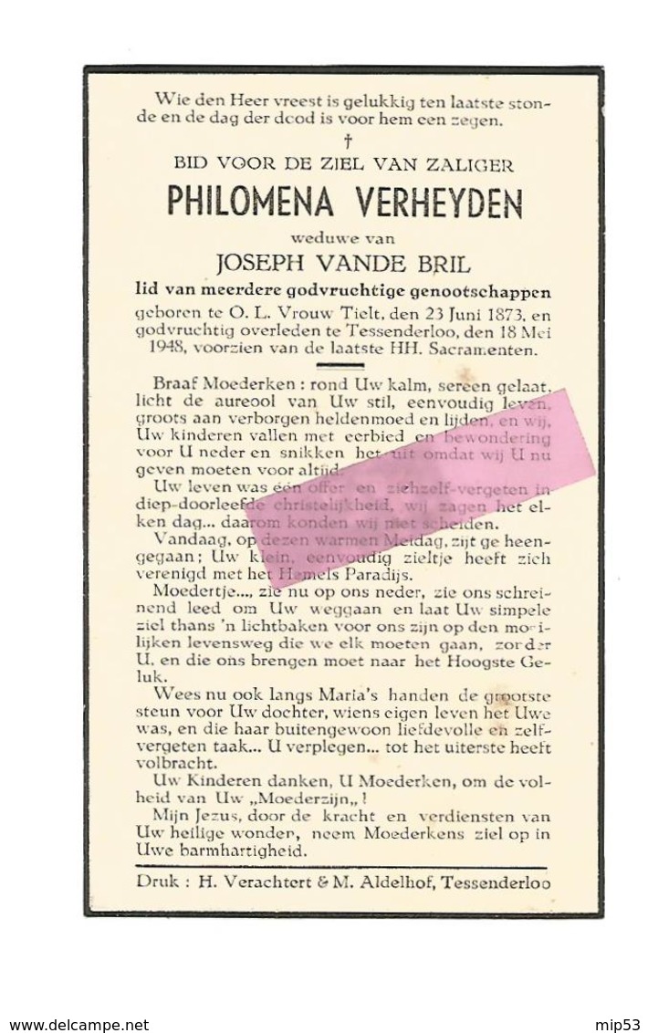 D 387. PHILOMENA VERHEYDEN  Wed. J. Vande Bril - °O.L.Vrouw TIELT 1873 / +TESSENDERLOO 1948 - Images Religieuses