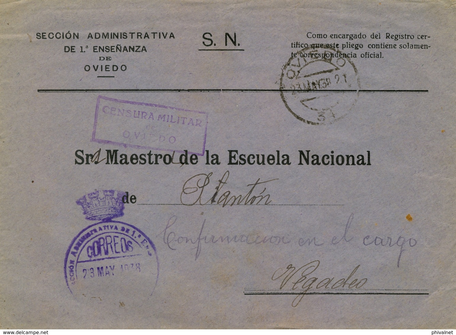 1938 , SOBRE CENSURADO , OVIEDO - PIANTÓN ( VEGADEO ) , SECCIÓN ADMINISTRATIVA DE 1ª ENSEÑANZA DE OVIEDO - Brieven En Documenten