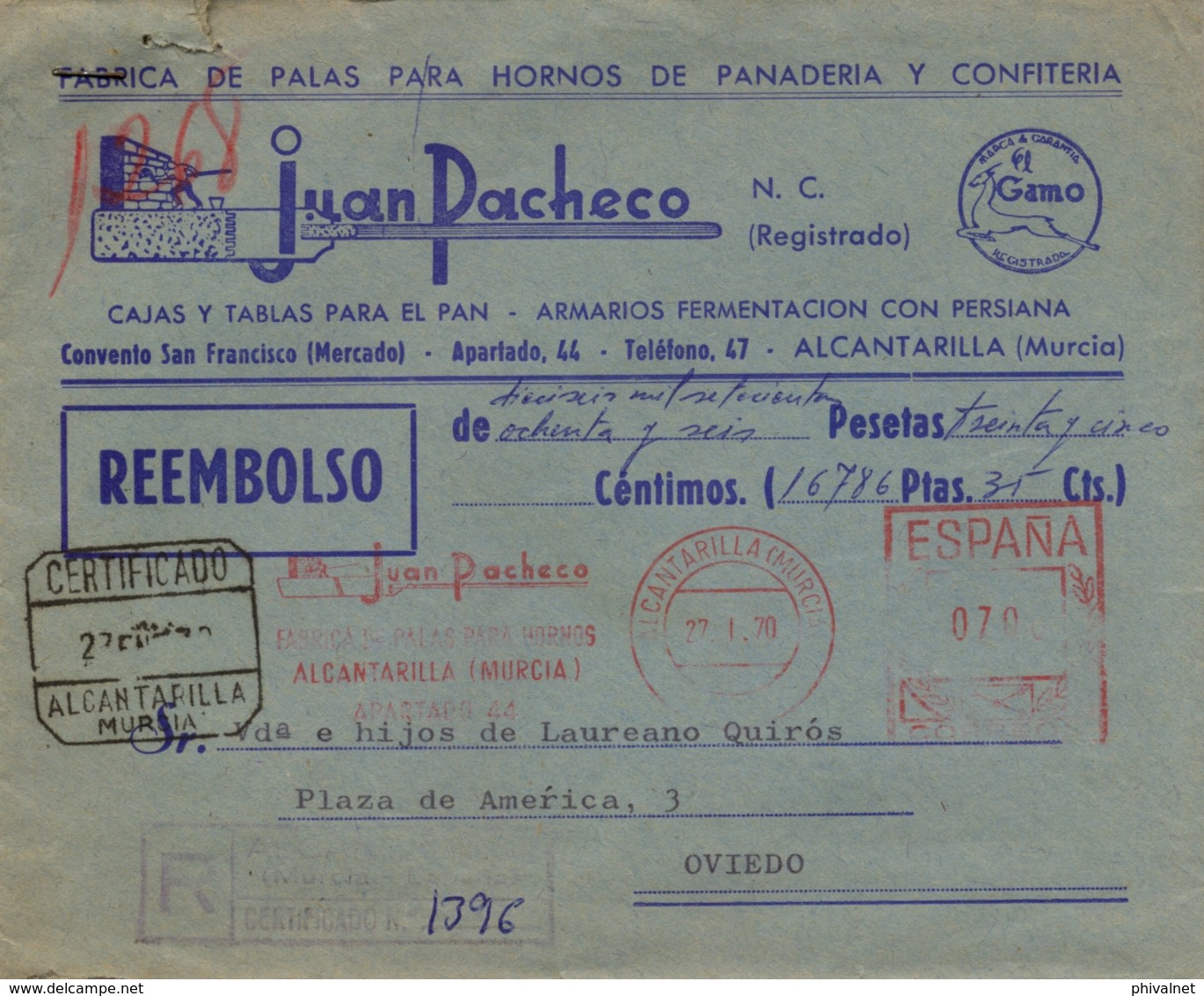 1970 , MURCIA , ALCANTARILLA - OVIEDO , CERTIFICADO CONTRA REEMBOLSO DE 16.786 PESETAS., LLEGADA - Lettres & Documents