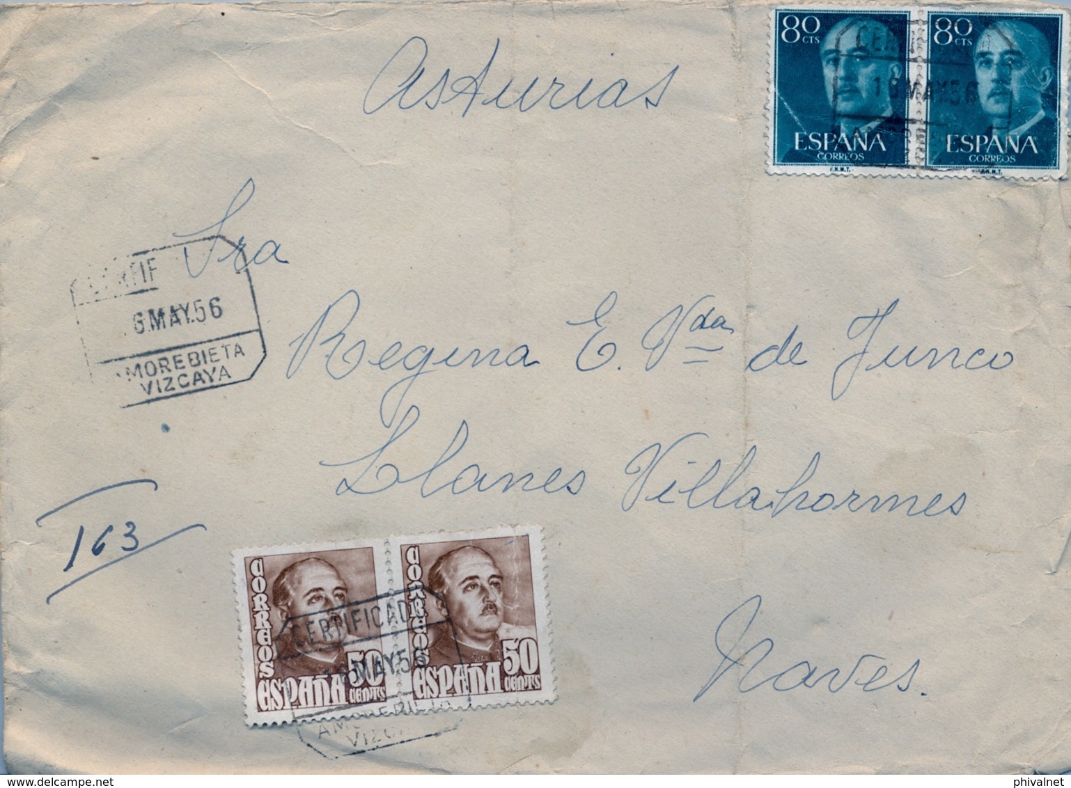 1956 , VIZCAYA , CERTIFICADO ENTRE AMOREBIETA Y NAVES , AL DORSO AMBULANTE DESC. SANTANDER / OVIEDO - Cartas & Documentos