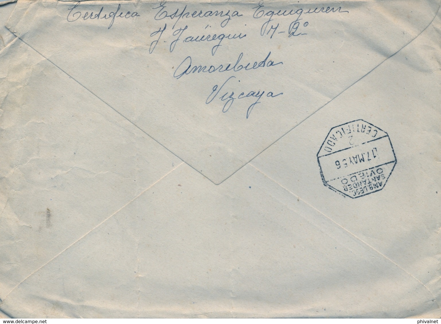 1956 , VIZCAYA , CERTIFICADO ENTRE AMOREBIETA Y NAVES , AL DORSO AMBULANTE DESC. SANTANDER / OVIEDO - Cartas & Documentos