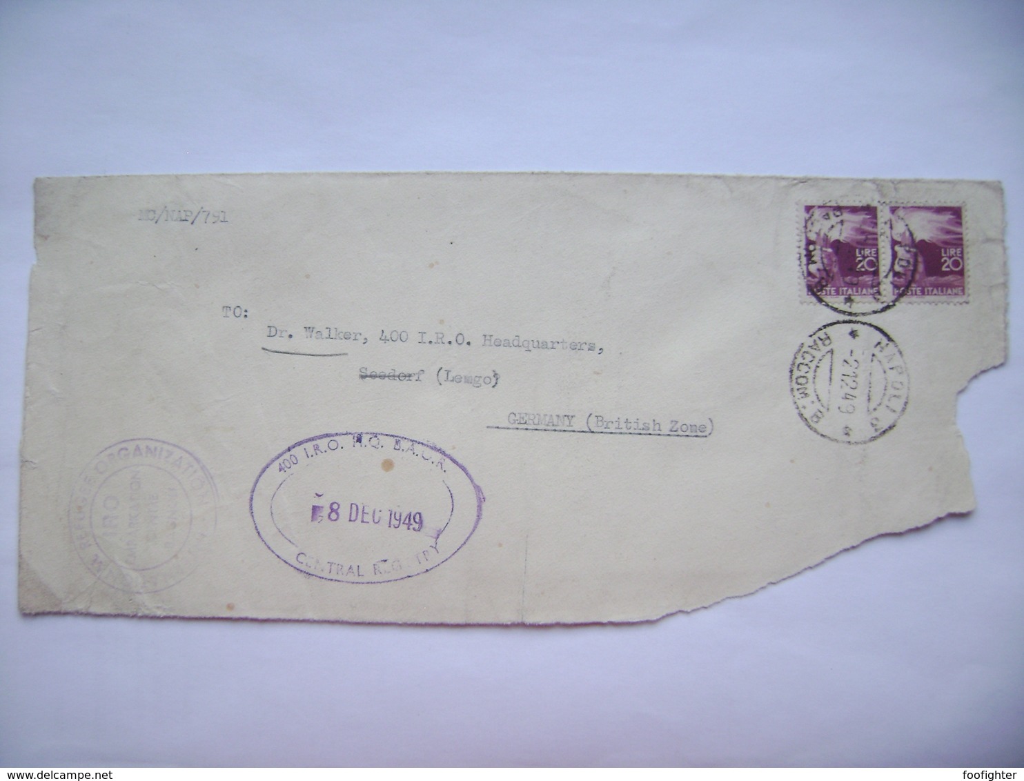 Italy Envelope Clipping Napoli Raccom: B 1949 - To Germany Postmark I.R.O. - H.Q. - B.A.O.R. Central Registry - Altri & Non Classificati