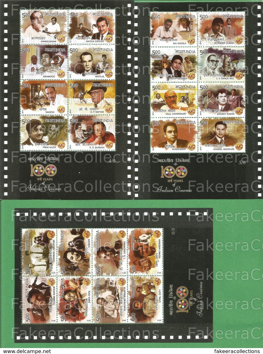 INDIA 2013 Inde Indien - 100 YEARS OF INDIAN CINEMA - COMPLETE SET OF 6v MINIATURE SHEET MS MNH ** - As Scan - Unused Stamps