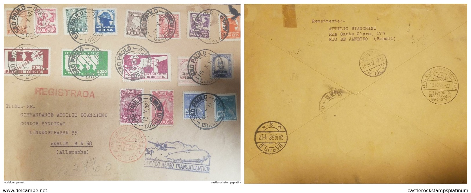 O) 1932 BRAZIL, AIR SERVICE TRANSATLANTICO - ZEPPELIN-SANTOS DUMONT'S BIPLANE SCT C20-SANTOS DUMONT'S AIRSHIP SC C18, IN - Covers & Documents