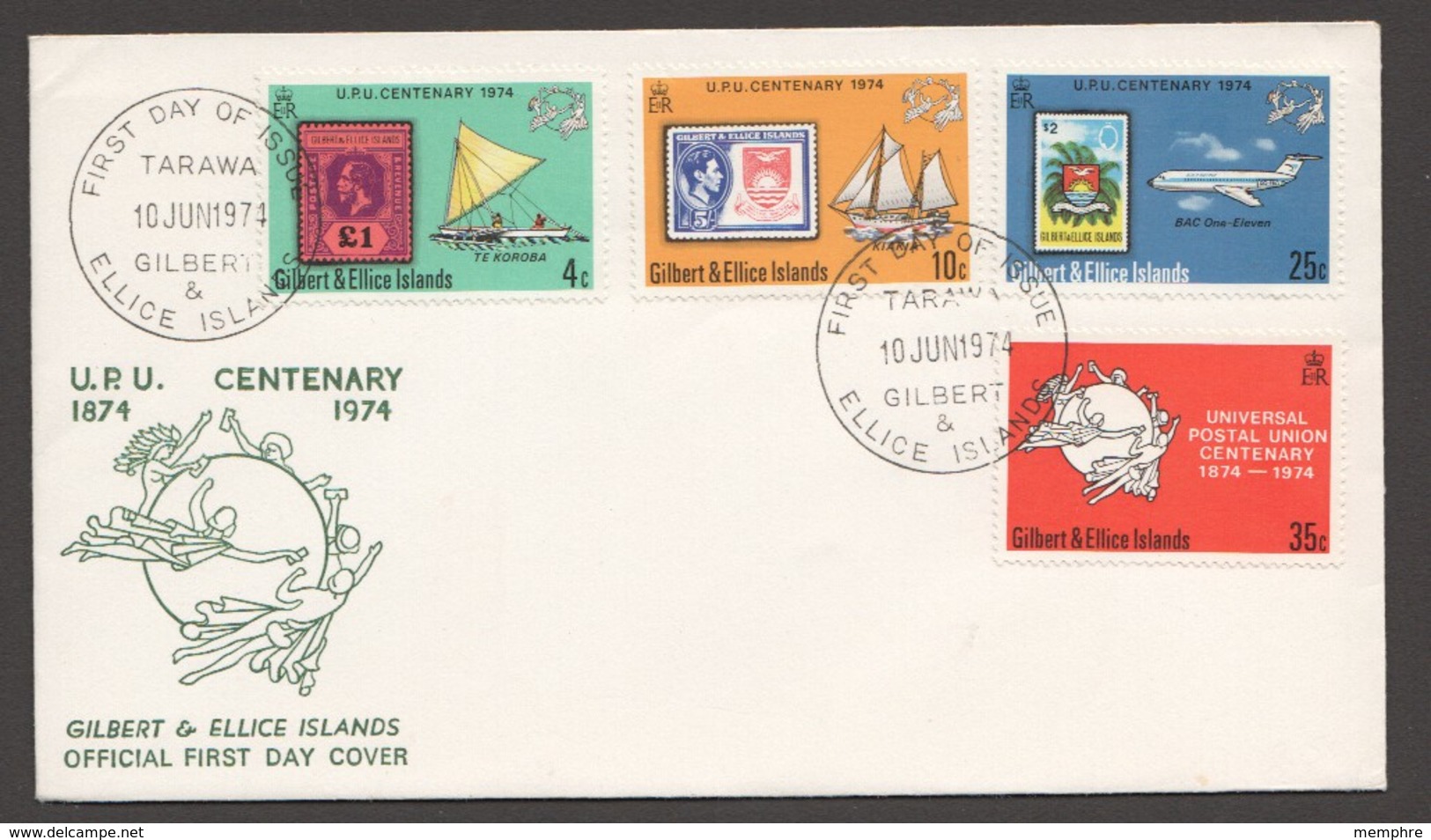 1974  Gilbert & Ellice Islands  UPU Centenary Completee Set On Unaddressed FDC - Tuvalu