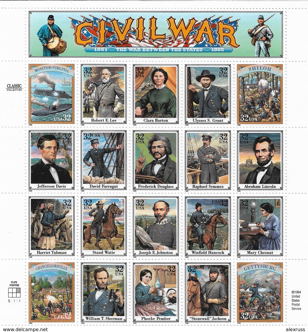 US 1995 Sheet American Civil War Heroes,Scott #2975,VF-XF MNH** - Unused Stamps