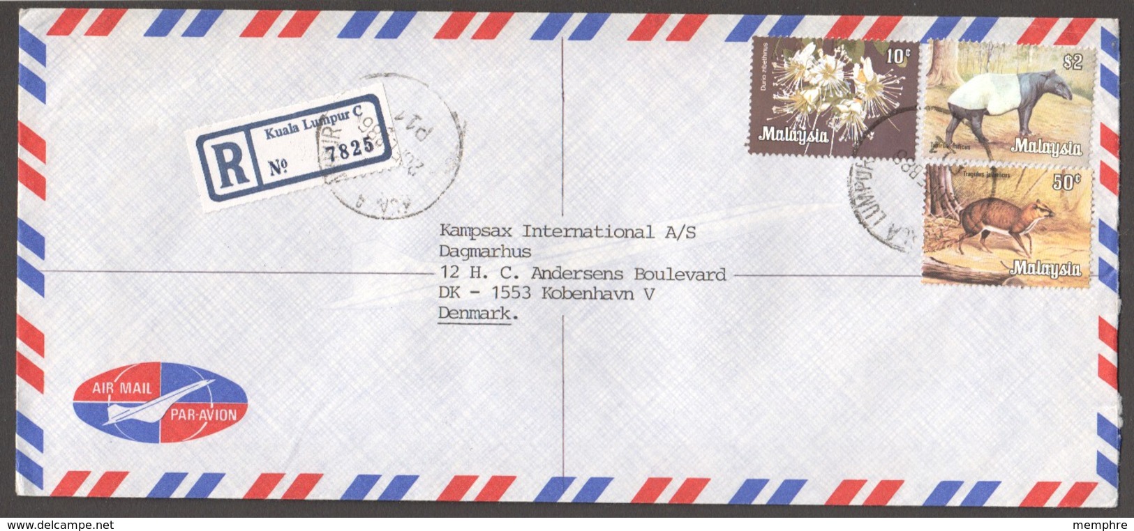 1986  Registered Air Letter To Denmark - $2 Tapir, 0,50 Chevrotin, Flowers - Malasia (1964-...)