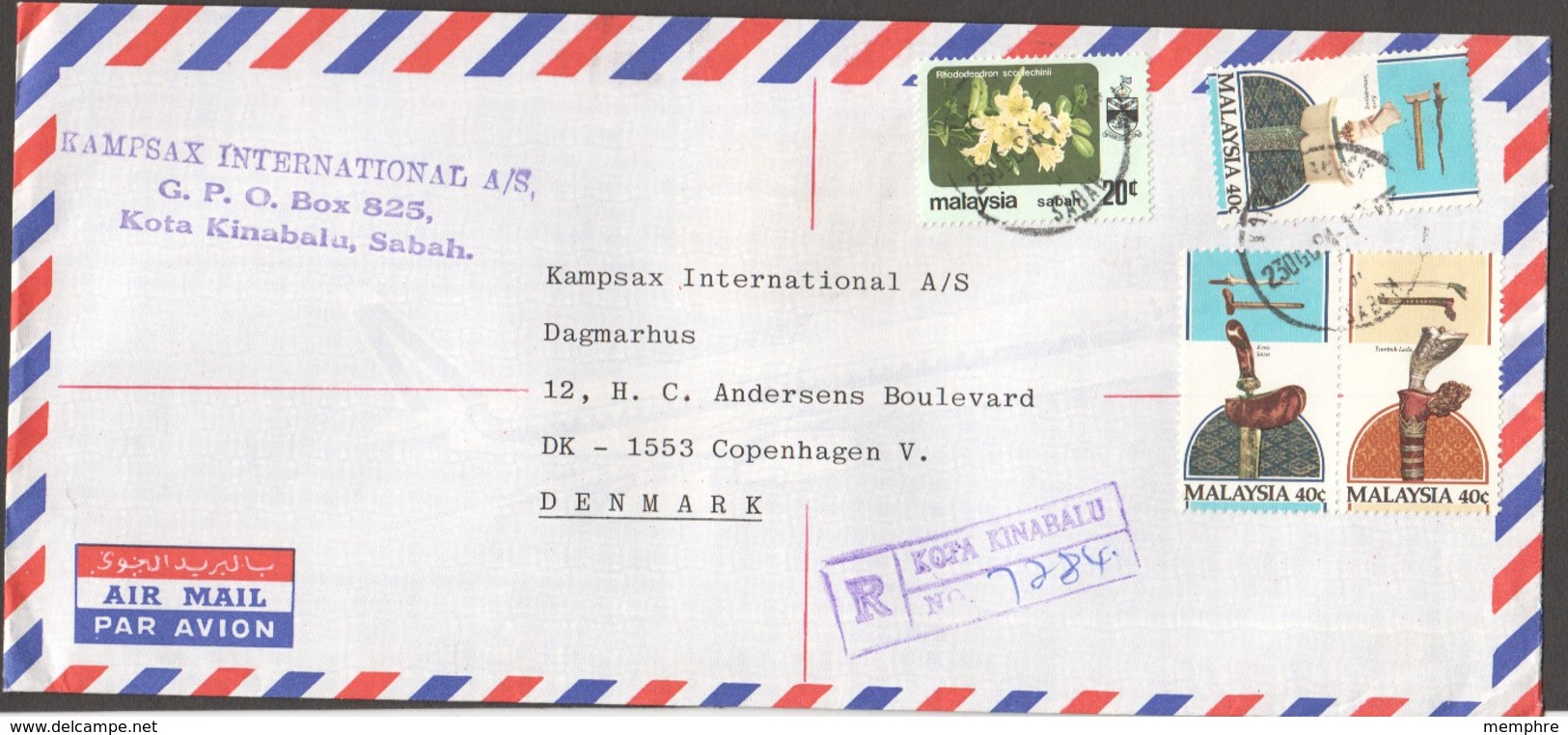 1984  Registered Air Letter To Denmark - Traditional Weapons, Flowers - Malaysia (1964-...)