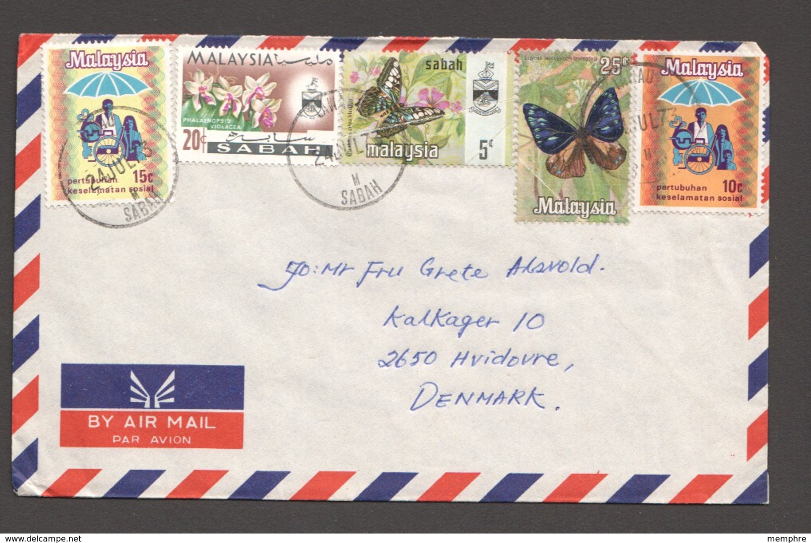 1973 Air Letter To Denmark - Butterflies, Flowers, Social Security - Malasia (1964-...)