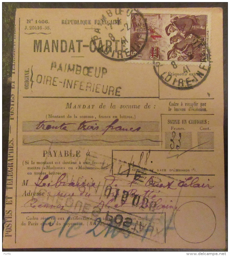 France - Timbre "Mineurs" Surcharge 1f Sur 2f15 YT N°489 Sur Mandat-carte Paimboeuf Loire Inférieure - Cachet 1941 - Lettres & Documents