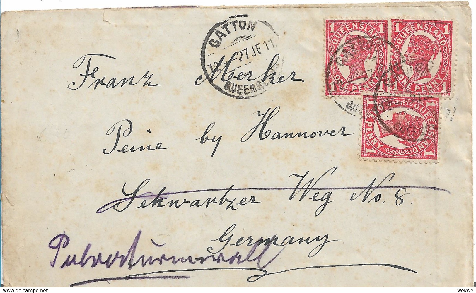 Qld021 / QUEENSLAND 3 P: Frankatur A:Queensland-Brief Mit Queen Victoria 1911 Ex Mt. Sylvia  Gatton N. Peine B. Hannover - Storia Postale