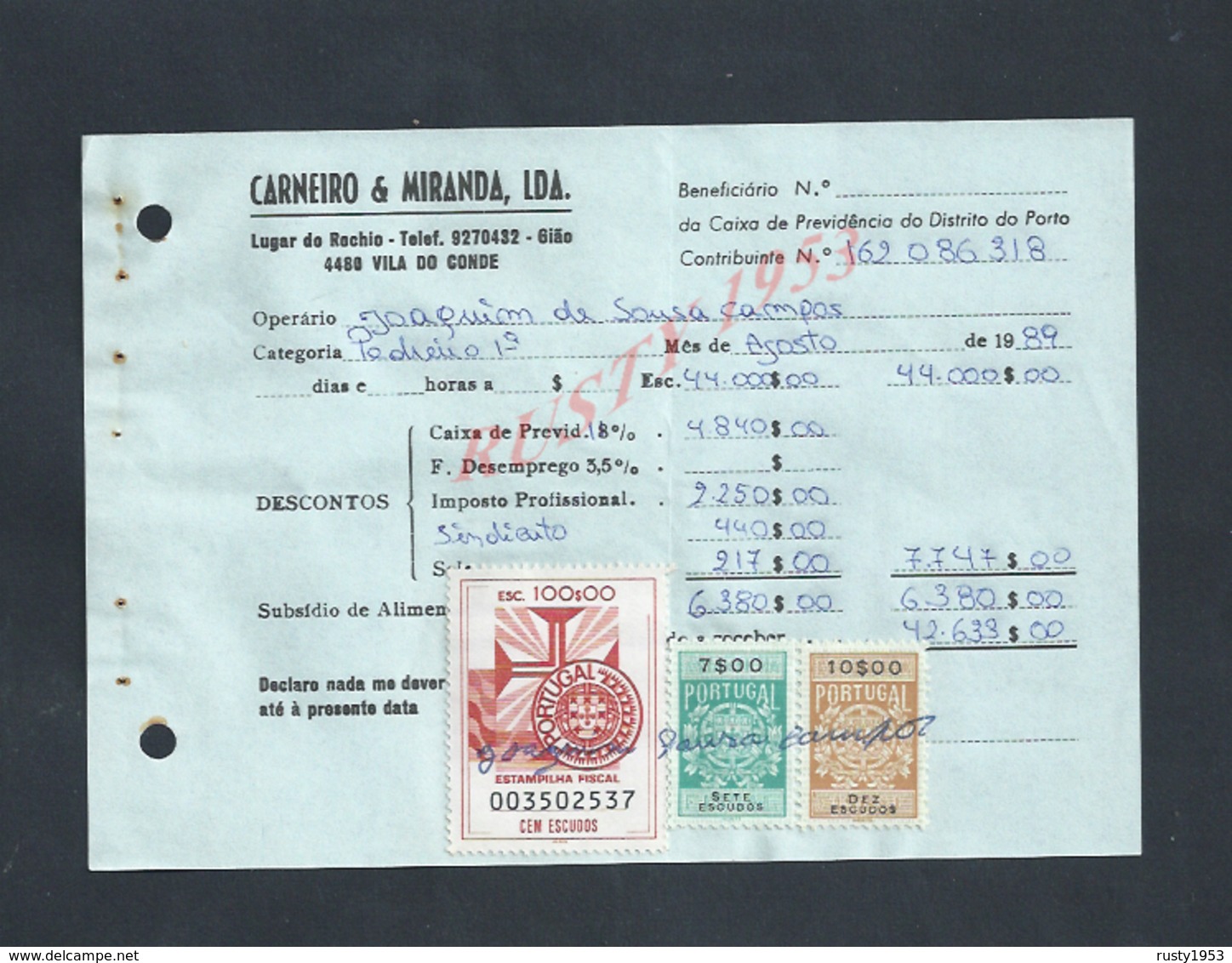 DOCUMENT COMMERCIAL 1989 DE CARNEIRO & MIRANDA GIAO VILA DO CONDE SUR TIMBRES FISCAUX DU PORTUGAL : - Lettres & Documents