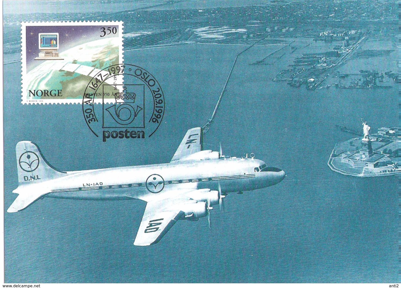 Norge Norway 1996 Norwegian Post 350 Years, Computer, Plane DNLs DC4-Skymaster Over New York 1946, MK 8-96 , Maximumcard - Cartoline Maximum