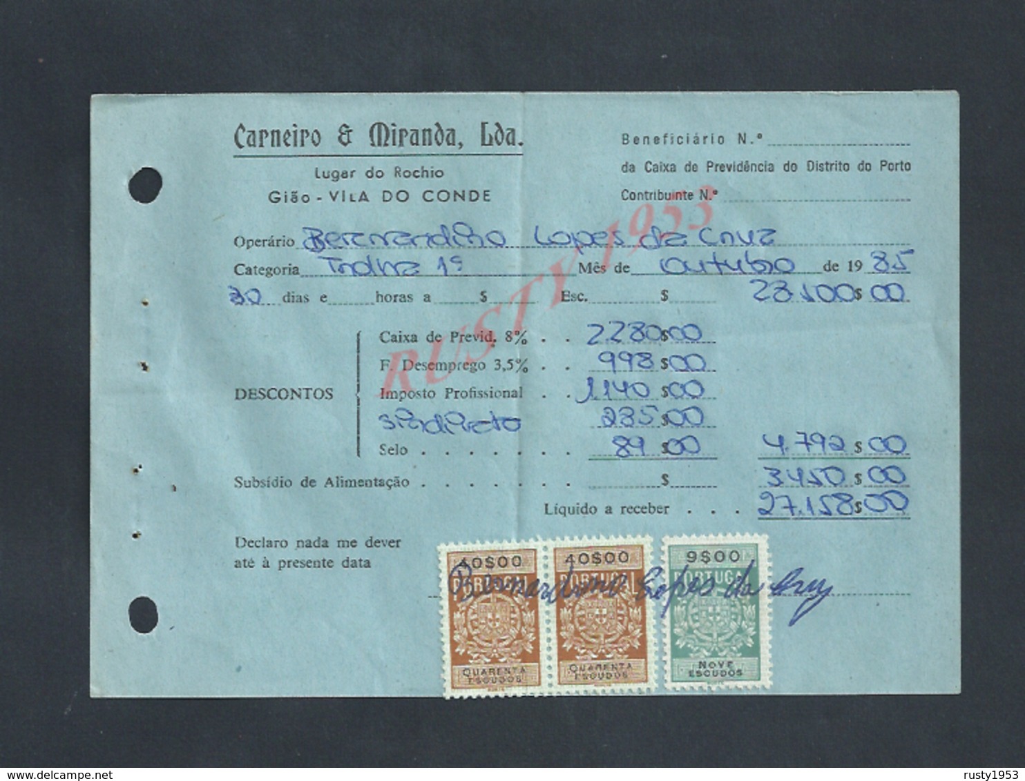 DOCUMENT COMMERCIAL 1985 DE CARNEIRO & MIRANDA GIAO VILA DO CONDE SUR TIMBRES FISCAUX DU PORTUGAL : - Lettres & Documents