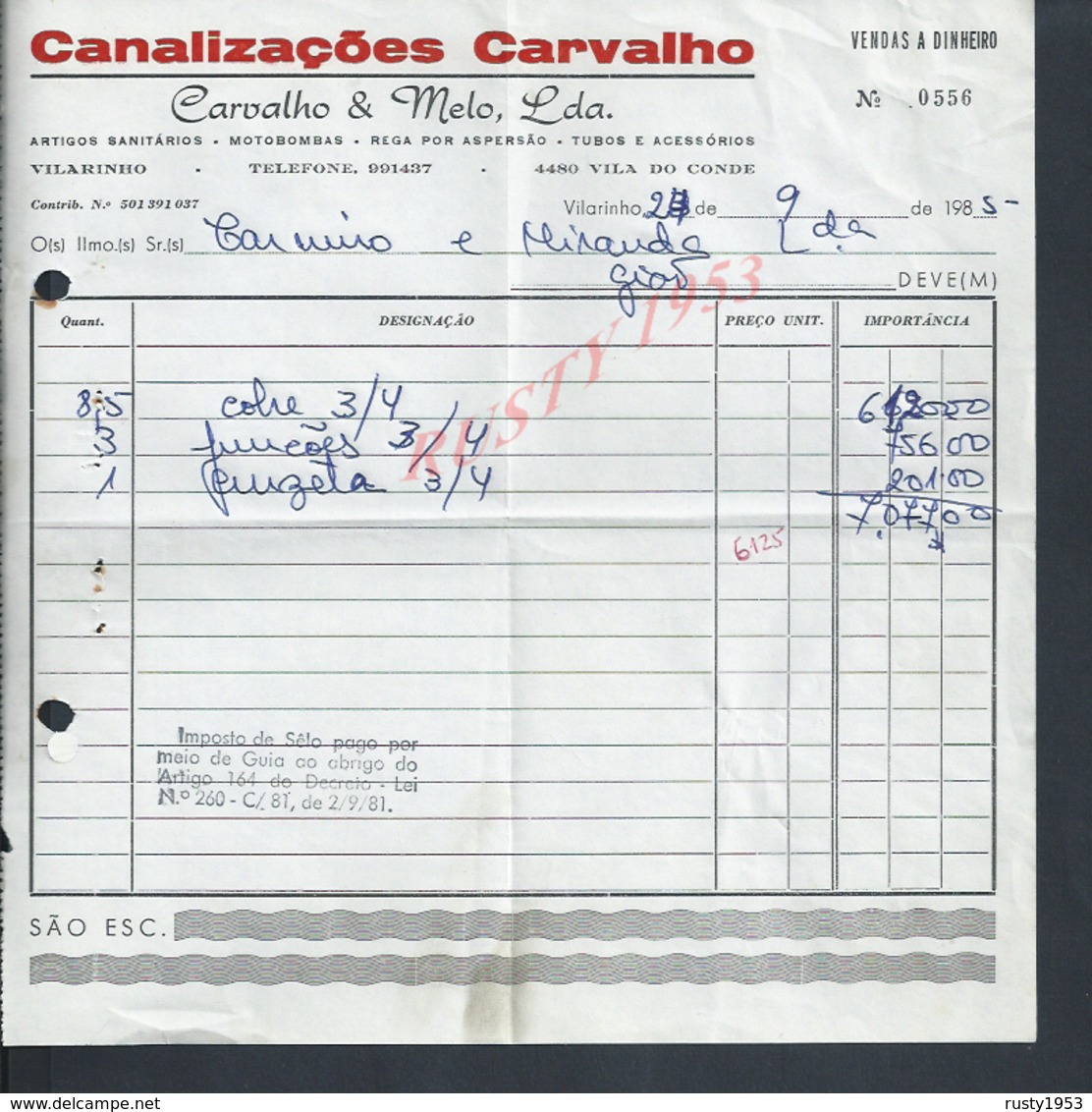 FACTURE DE 1985 CANALIZAÇOES CARVALHO VILARINHO VILA DO CONDE PORTUGAL : - Portugal