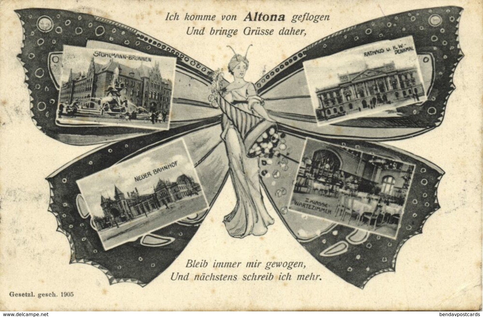 ALTONA, Schmetterling Mehrbild, Bahnhof, Stuhlmann-Brunnen, Rathaus (1905) AK - Altona
