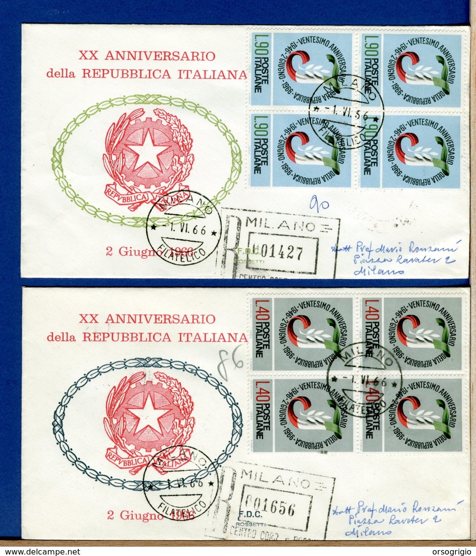 ITALIA - FDC 1966 -  QUARTINA - ANNIVERSARIO REPUBBLICA ITALIANA  -  Raccomandate Con Timbro Di Arrivo - FDC