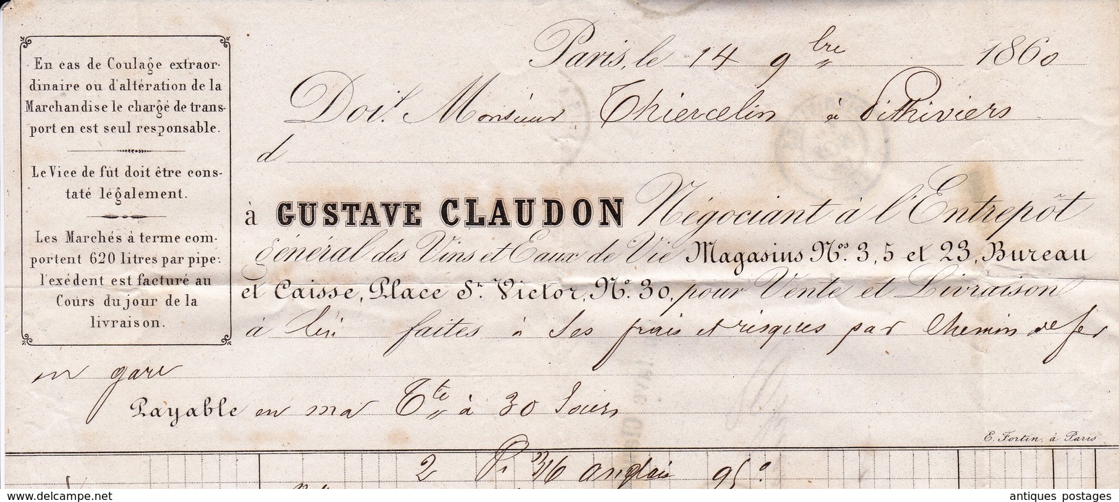 Lettre Paris 1860 Pithiviers Loiret Napoléon III 20 centimes Gustave Claudon Place Saint Victor Vin Eau de Vie Wine