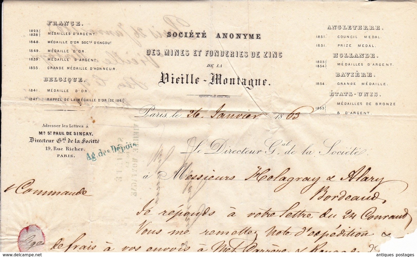 Lettre Paris 1863 Napoléon III 20 centimes Bordeaux Gironde Mines et Fonderies de Zinc de la Vieille Montagne