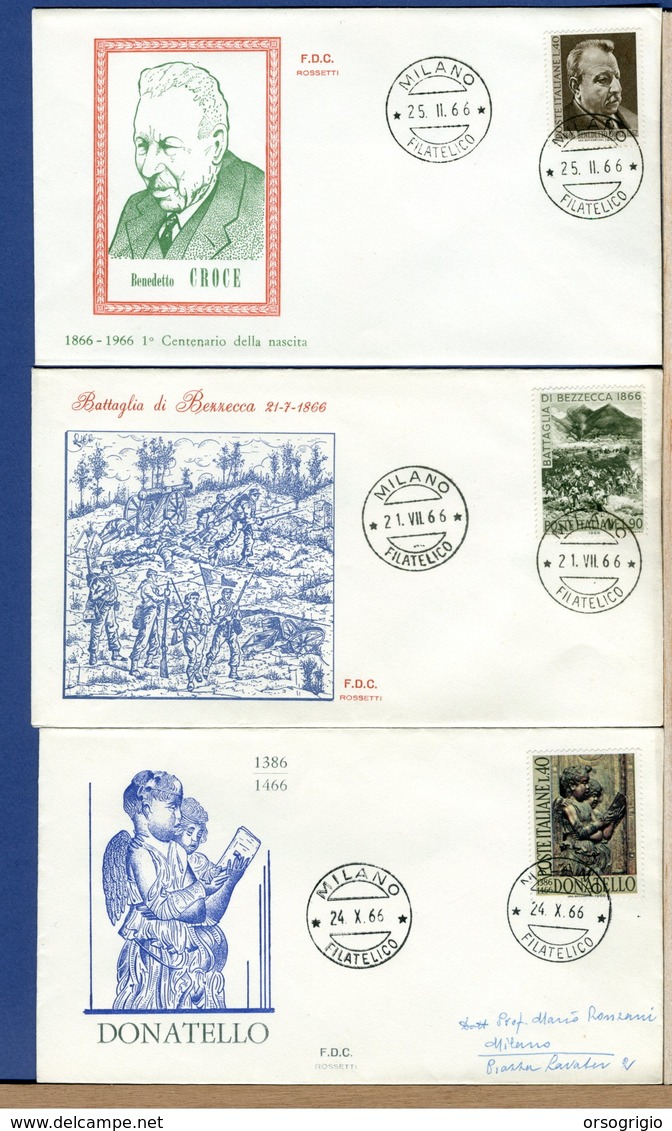 ITALIA - FDC 1966 - FDC ROSSETTI - BENEDETTO CROCE - BEZZECCA - DONATELLO - FDC