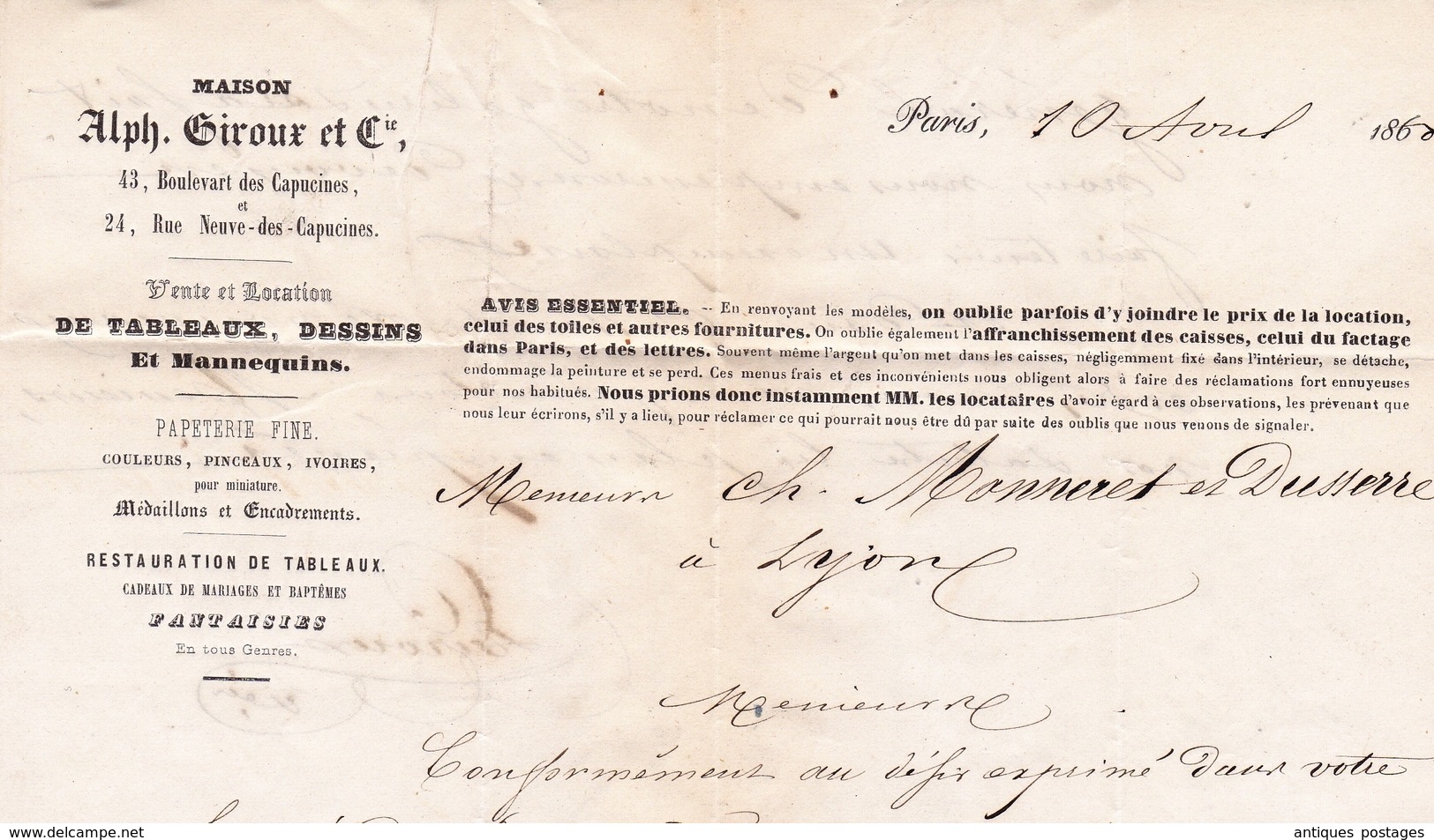 Lettre Paris 1860 Napoléon III 20 centimes Lyon Alphonse Giroux Boulevard des Capucines Tableaux Dessins Papeterie Fine