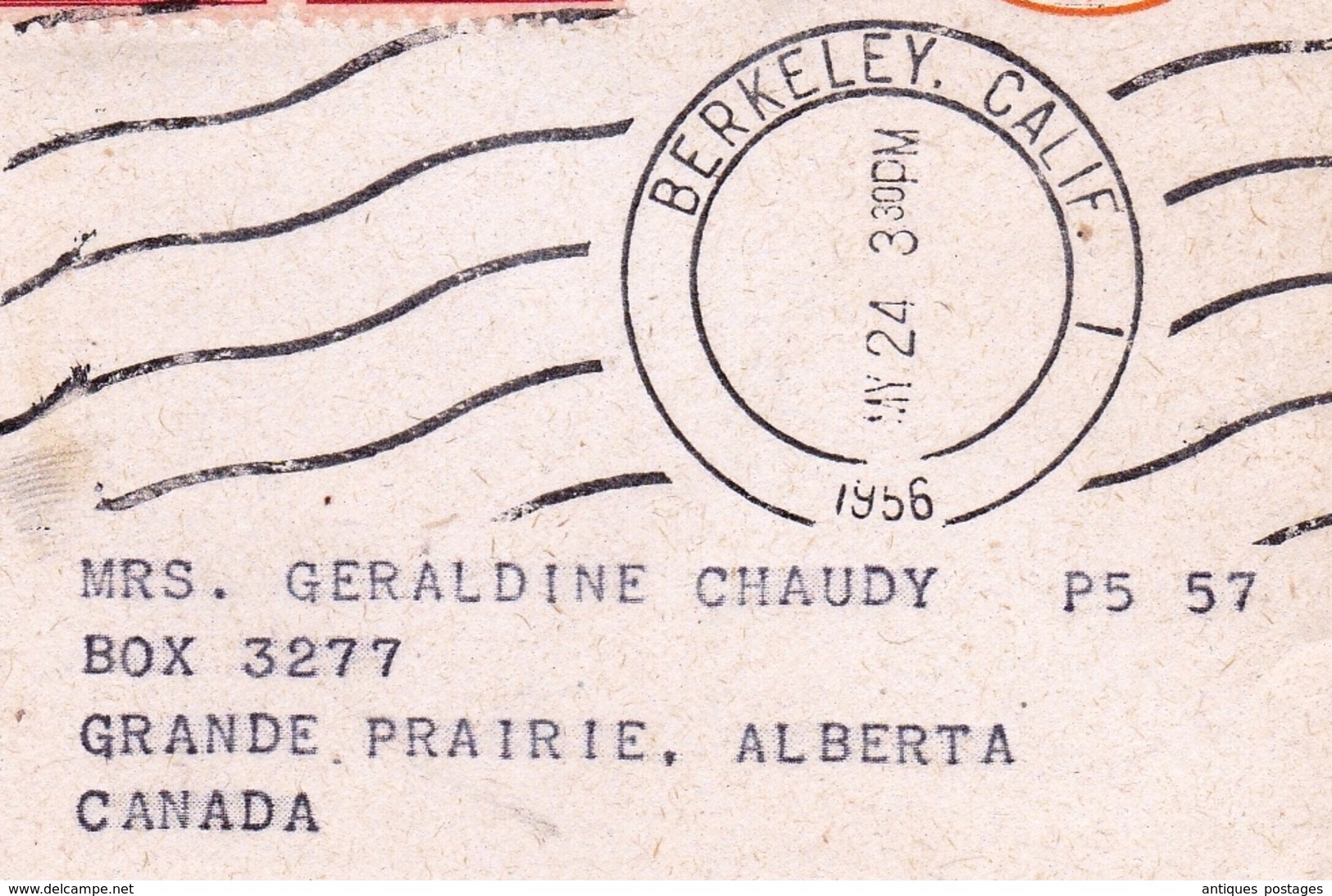 Lettre Berkeley California USA 1956 Grande Prairie Canada Parker Haydon Company US Postage Air Mail Revalued 5 Cents - Altri & Non Classificati