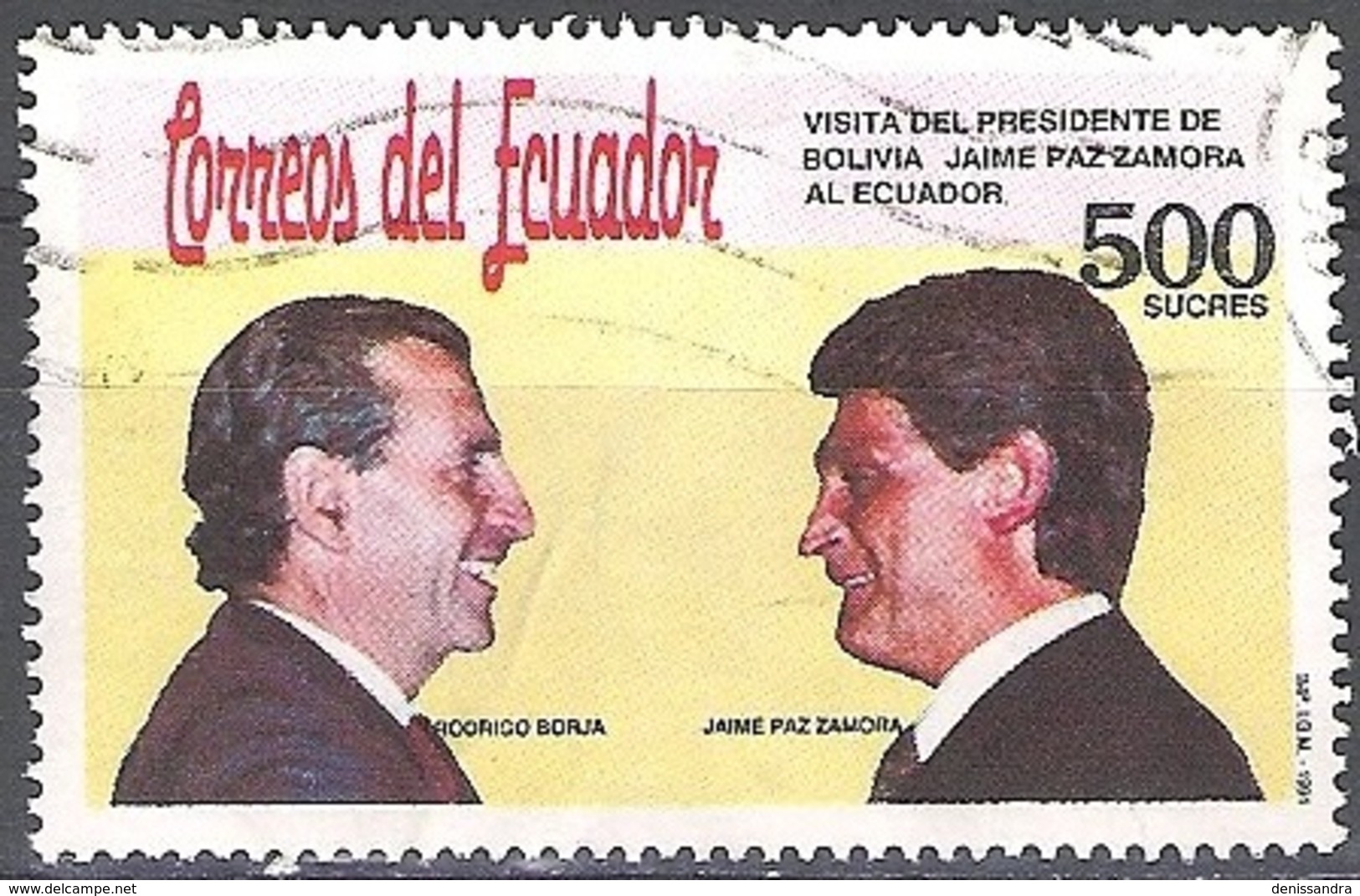 Ecuador 1991 Michel 2200 O Cote (2005) 1.00 Euro Présidents Jaime Paz Zamora / Rodrigo Borja Cevallos Cachet Rond - Ecuador