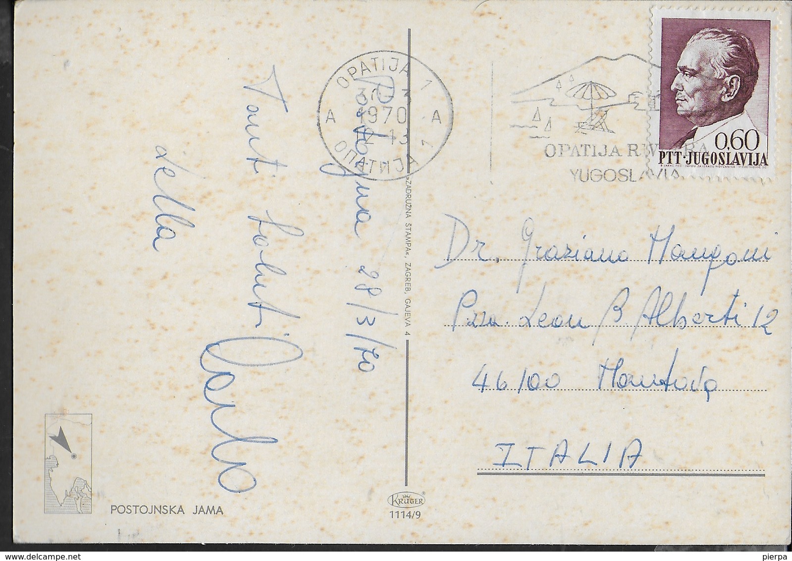 SLOVENIA - POSTUMIA - LE GROTTE - VIAGGIATA 1970 - ANNULLO  A TARGHETTA - Slovenia