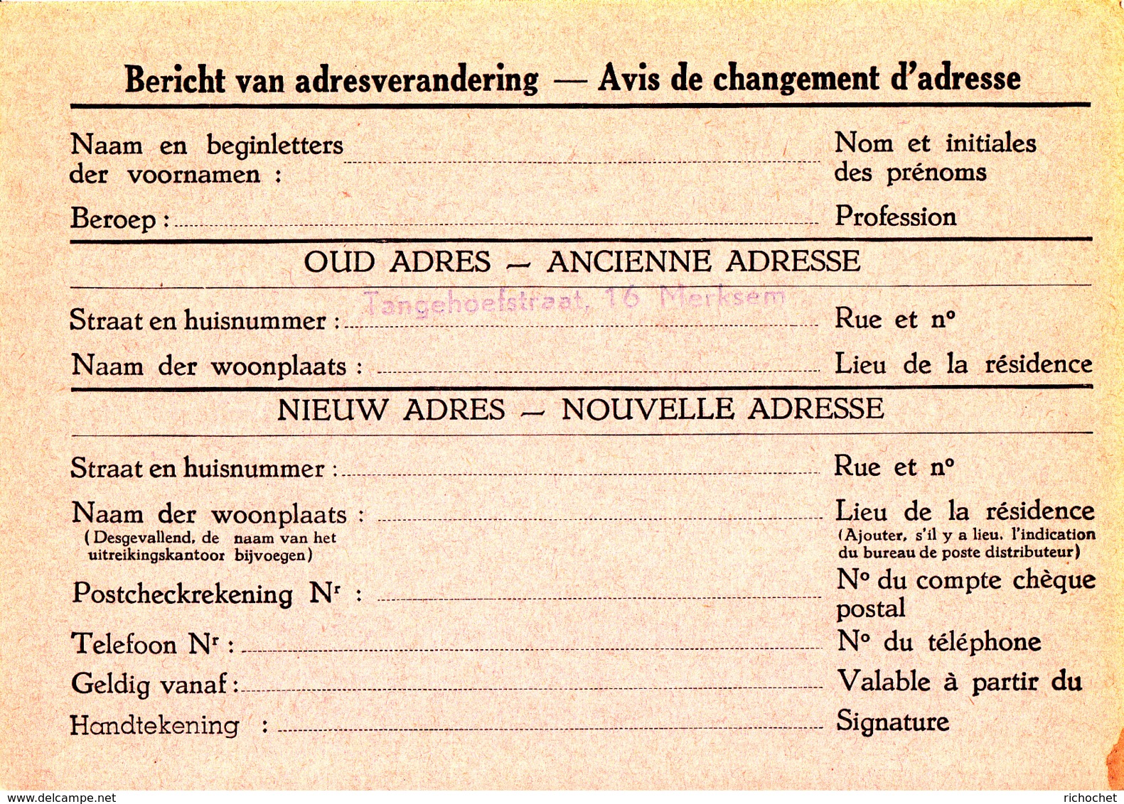 Belgique Avis Changement D'adresse N° 11 ** - Adreswijziging