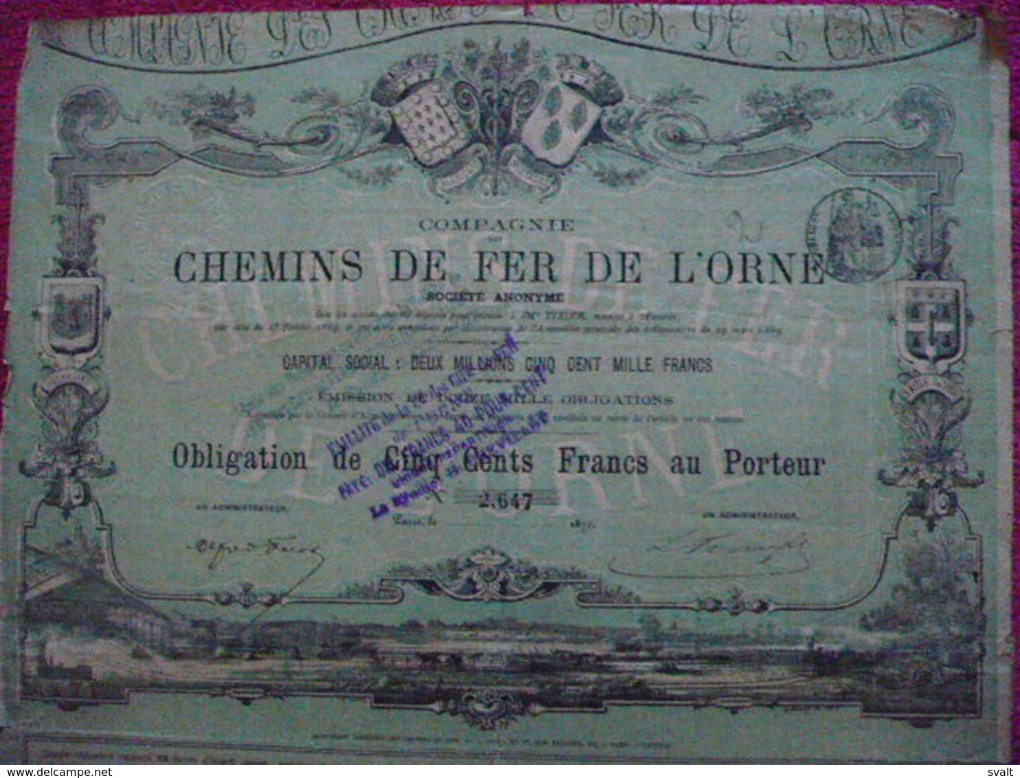 Obligation De 500 Frs  Chemins De Fer De L'ORNE 1870  /  Coupons - Autres & Non Classés