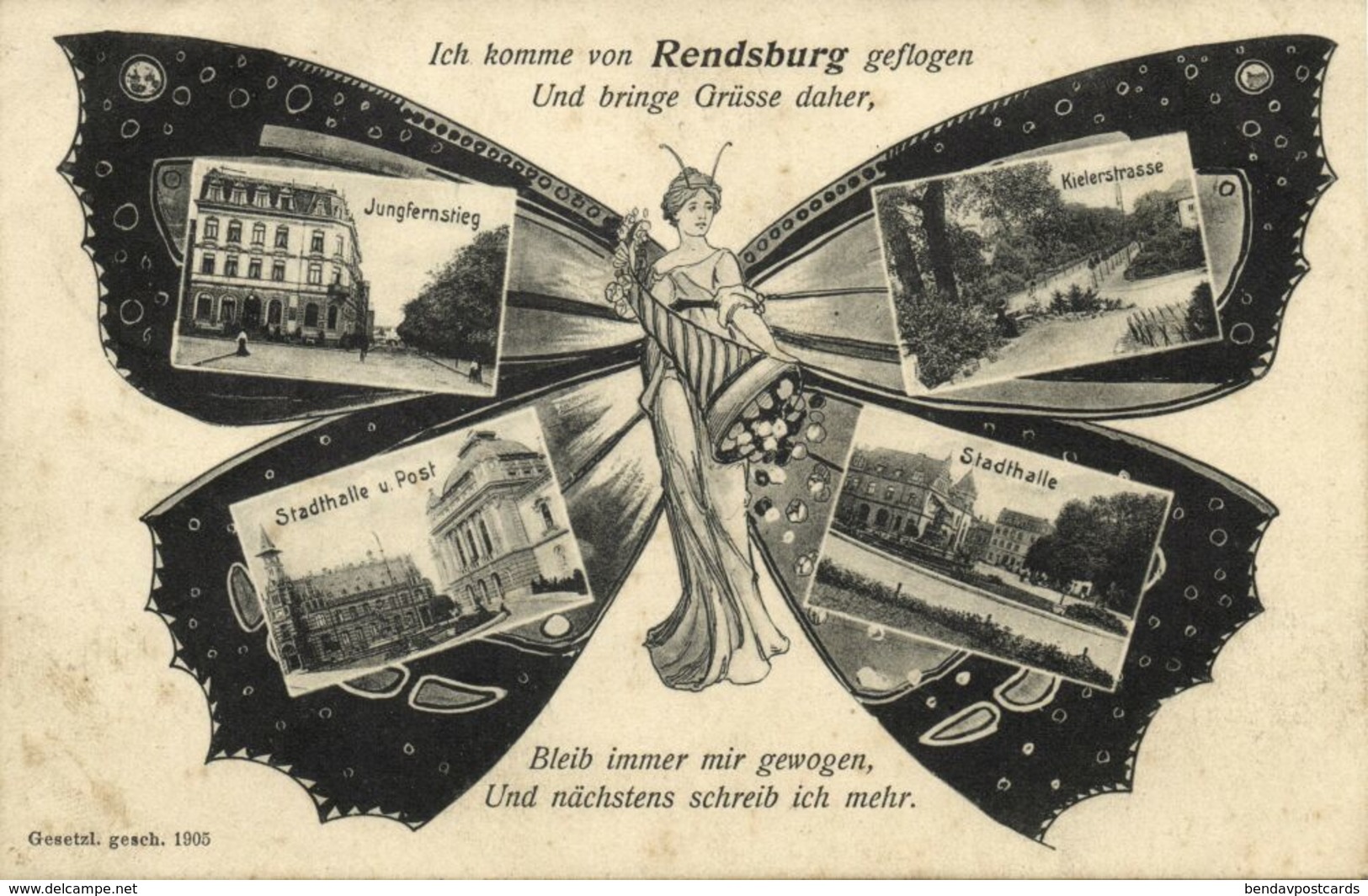 RENDSBURG, Schmetterling Mehrbild, Jungfernstieg, Kielerstrasse (1906) AK - Rendsburg