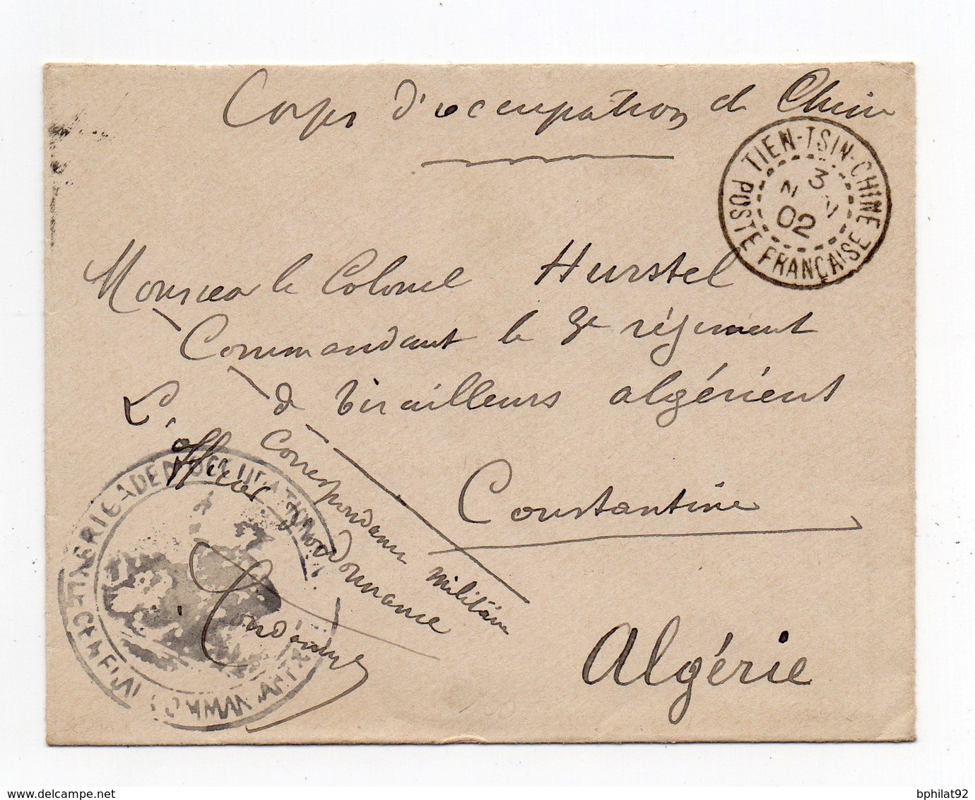 !!! PRIX FIXE : CORPS EXP DE CHINE, LETTRE DE TSIEN-TSIN DE 1902 POUR L'ALGERIE - Covers & Documents