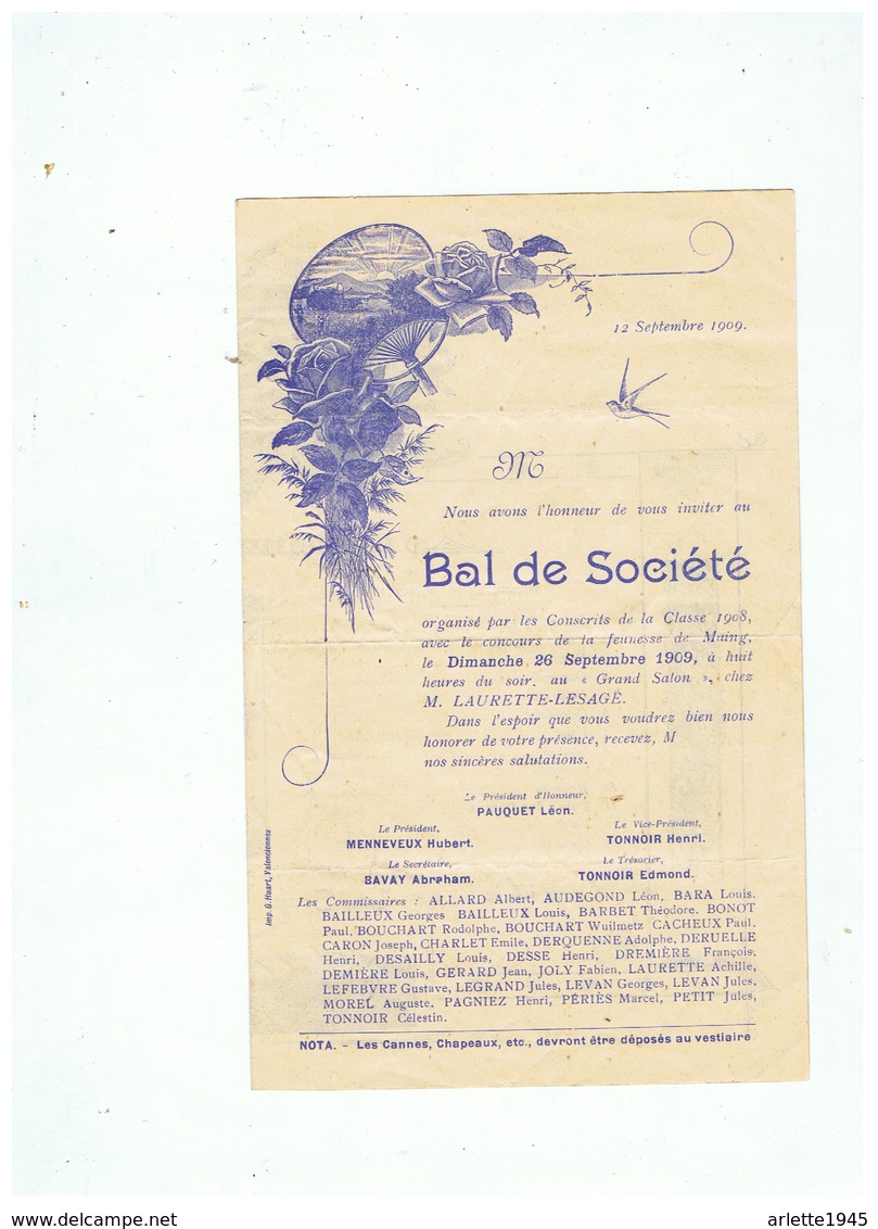 PROGRAMME BAL DE SOCIETE JEUNESSE De MAING (NORD)  Le DIMANCHE 26 SEPTEMBRE 1909 - Programmes