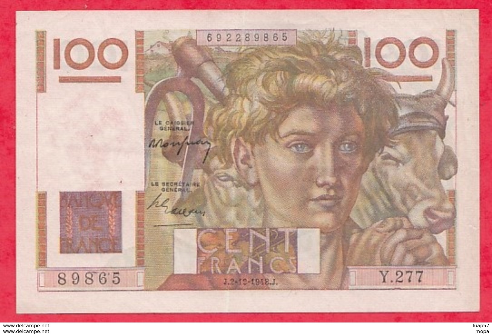 100 Francs "Jeune Paysan" Du 02/12/1948.J Série Y.277......AU/SPL----- (5 TROU D EPINGLE) - 100 F 1945-1954 ''Jeune Paysan''