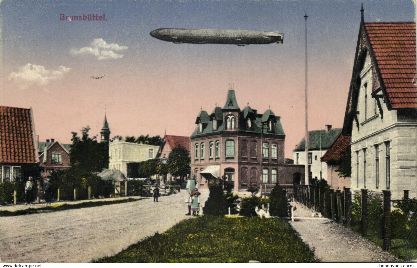 BRUNSBÜTTEL, Straßenszene, Zeppelin (1929) AK - Brunsbüttel