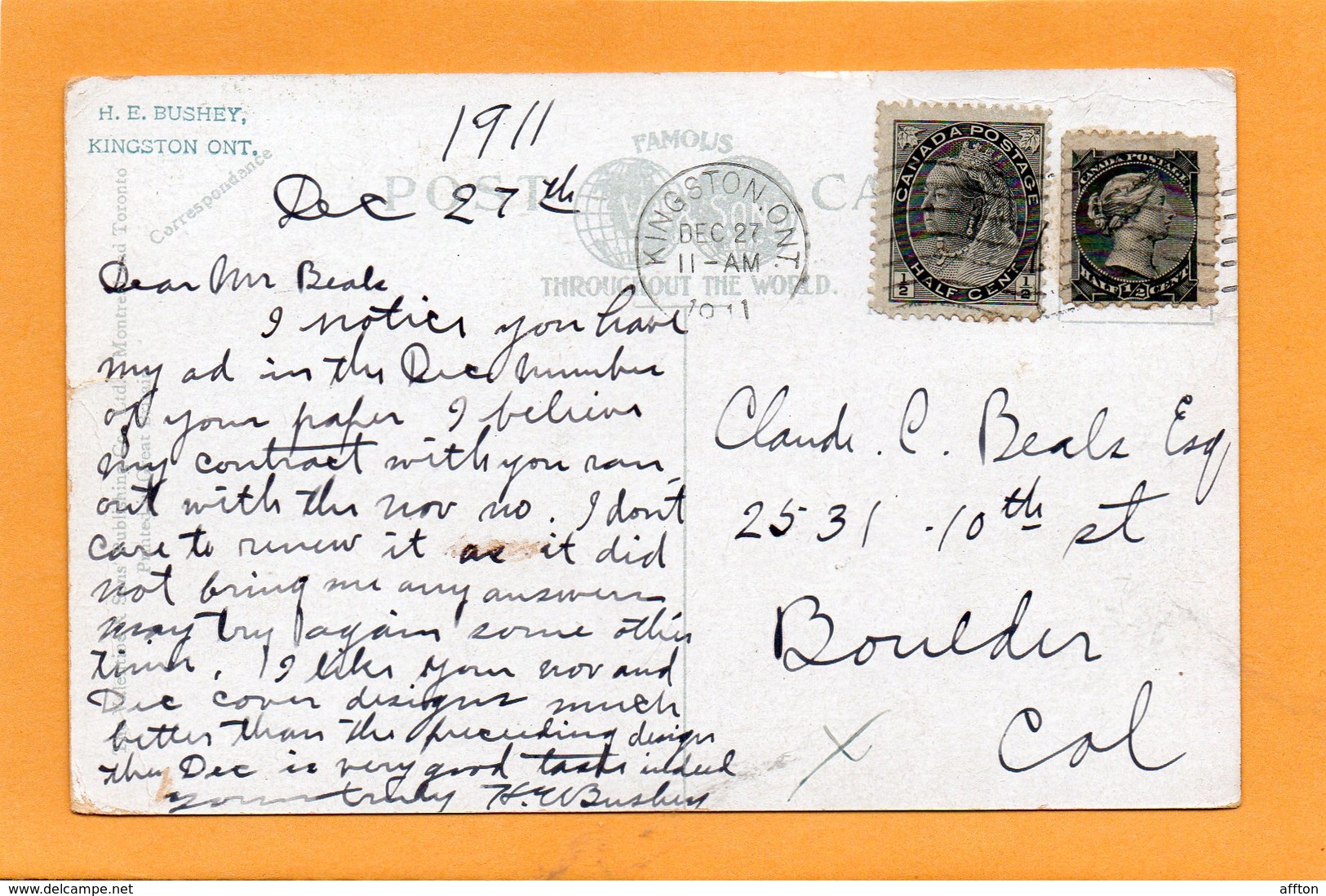 Kingston Ontario 19111 Postcard Nice Stamp Usage - Kingston