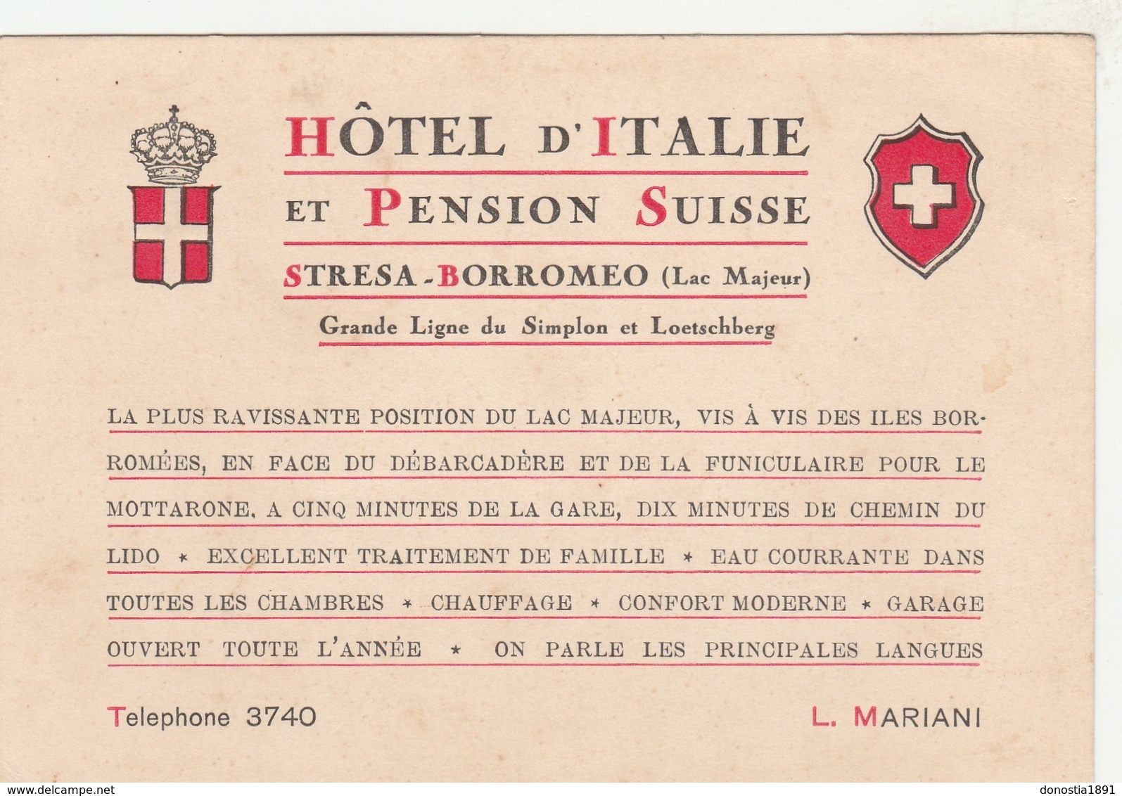 Hôtel D'Italie & Pension Suisse - STRESA-BORROMEO - Carton Publicitaire 97x140 Dos Vierge - Altri & Non Classificati