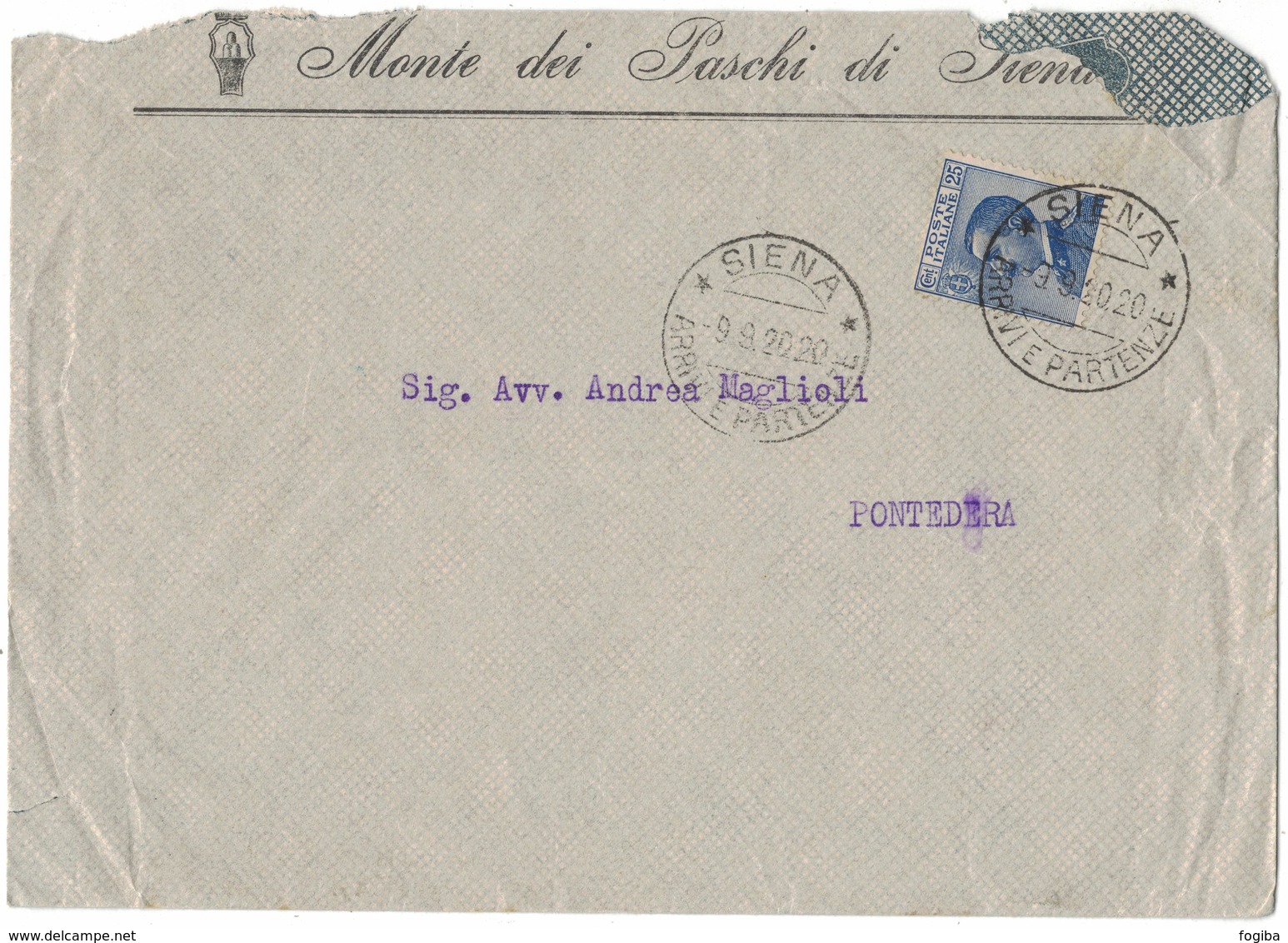 AL106   Regno 1920 - Busta Monte Paschi Di Siena Per Pontedera, Michetti 25c - Poststempel