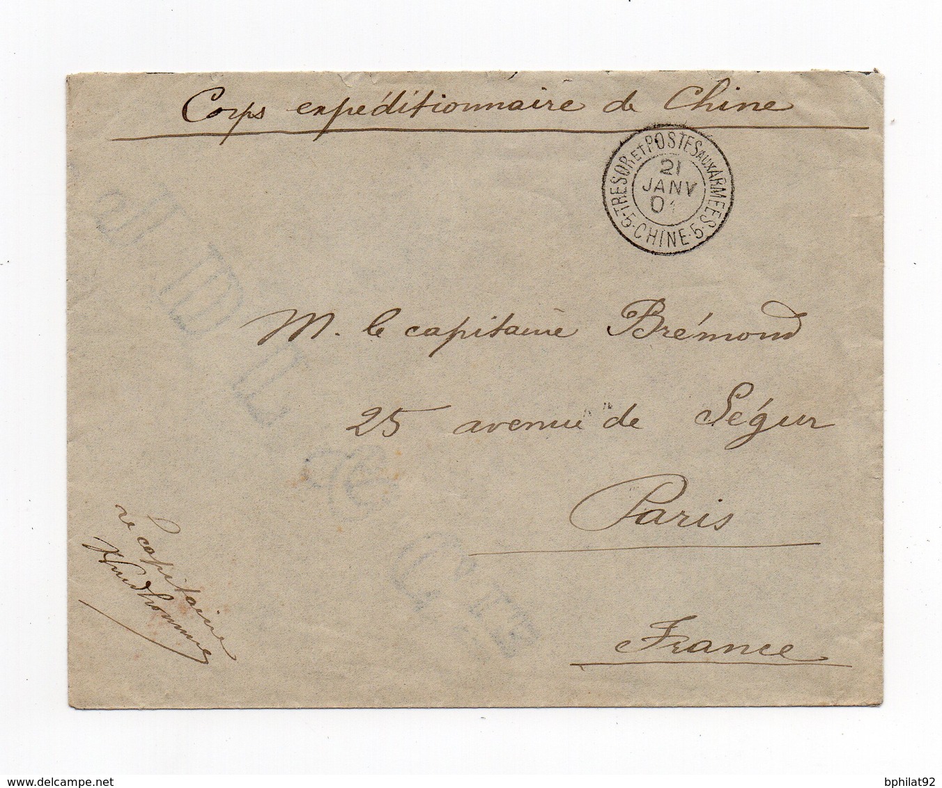 !!! PRIX FIXE : CORPS EXP DE CHINE, CACHET TRESOR ET POSTE CHINE 5 SUR LETTRE DE 1901 POUR PARIS - Lettres & Documents