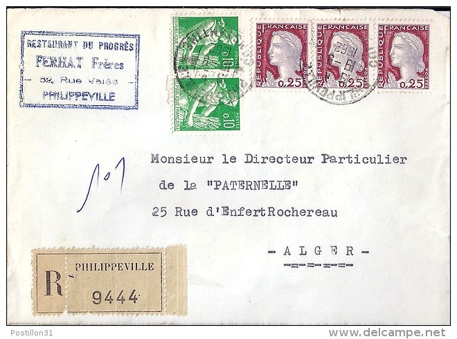 TP N° 1263x3 + DIVERS SUR DEVANT DE LETTRE RECOMMANDEE DE 1962 EN ALGERIE - 1960 Marianne De Decaris